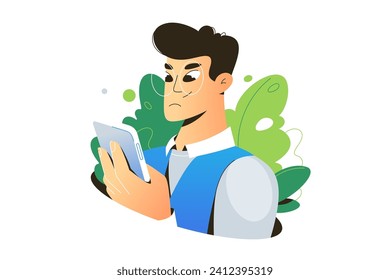 Joven usando teléfono móvil aislado en fondo blanco. Persona con smartphone en la mano. Un tipo con teléfono celular comunicándose, enviando mensajes de texto, mirando el teléfono. Ilustración vectorial plana