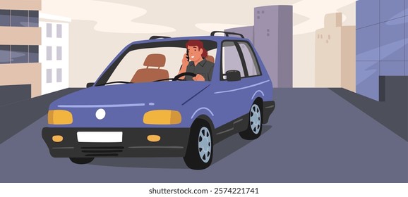 Young man using mobile phone while driving car over city roadway cartoon vector illustration. Danger and risky situation, traffic rules violation and harmful people behavior inside automobile