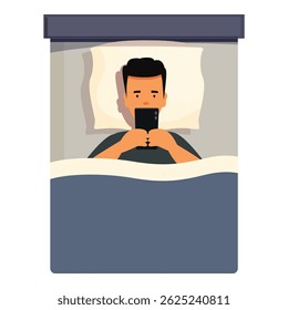 Young man using mobile phone in bed at night, suffering from sleeping disorder or insomnia