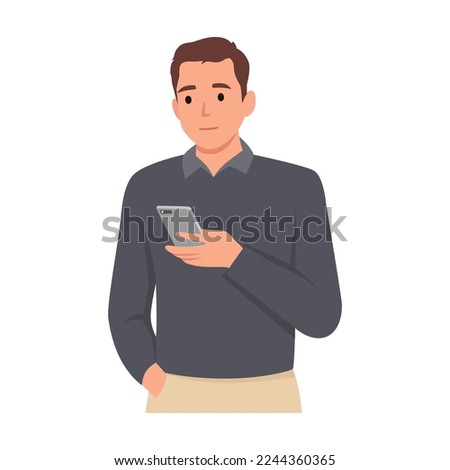 Young man using mobile phone. Flat vector illustration isolated on white background