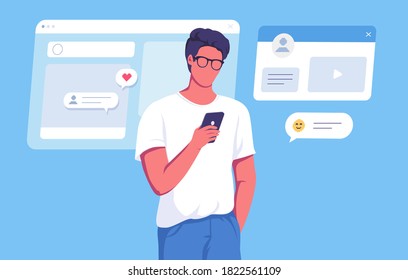 Joven usando medios sociales móviles para la comunicación 