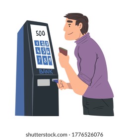 Young Man Using Modern Electronic Self Service Terminal Vector Illustration on White Backgroun