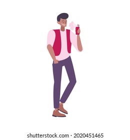 Young man using perfume or cologne flat vector illustration