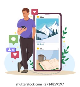 Young man using phone, leaning on large smartphone with social media interaction icons, flat cartoon style, on white background. Concept of digital addiction. Vector illustration