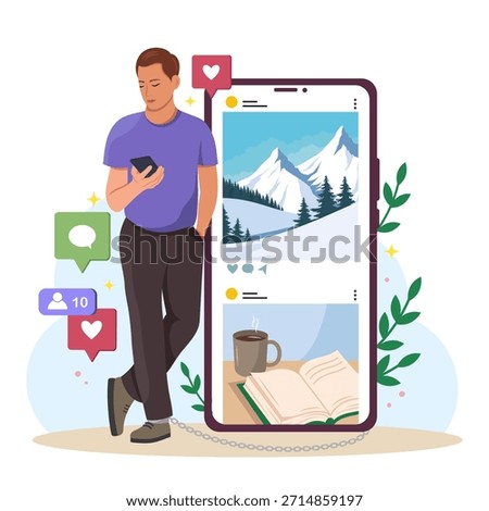 Young man using phone, leaning on large smartphone with social media interaction icons, flat cartoon style, on white background. Concept of digital addiction. Vector illustration