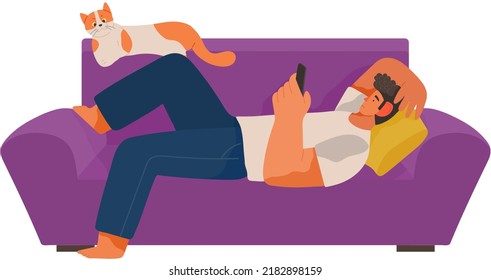 Young man using phone lying on sofa with cat. Pet owner relaxing with smartphone on couch at home vector illustration. Guy with domestic animal spending time in internet, chatting with friends online