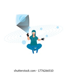 young man using reality virtual tech in chair vector illustration design
