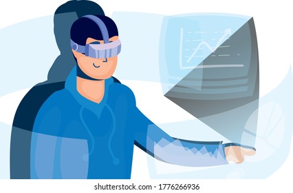 young man using reality virtual tech in interactive display vector illustration design