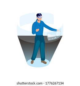 young man using reality virtual tech in interactive display vector illustration design