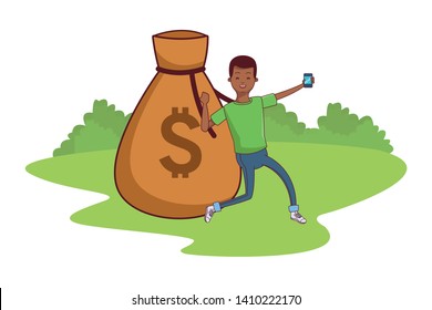 young man using saving money investment app with smartphone cartoon  at park outdoors scenery vector illustration graphic design