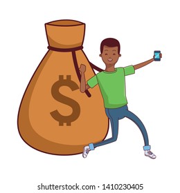 young man using saving money investment app with smartphone cartoon vector illustration graphic design
