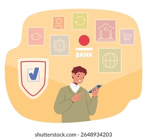 Jovem usando serviços bancários móveis seguros em smartphone para pagamento sem dinheiro e transações digitais cena de desenho animado. Personagem masculino processando seus problemas financeiros na ilustração do vetor do telefone