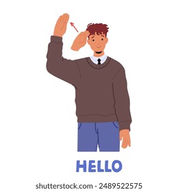 Young Man Using Sign Language To Say Hello. Character Making Hand Gesture For Greeting, Shown With An Arrow Indicating Movement. Vector Image Promotes Communication, Inclusiveness, And Accessibility