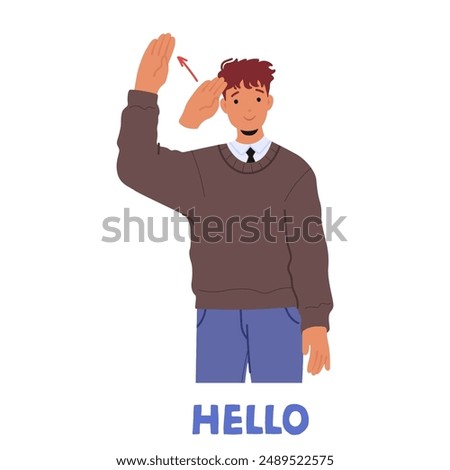 Young Man Using Sign Language To Say Hello. Character Making Hand Gesture For Greeting, Shown With An Arrow Indicating Movement. Vector Image Promotes Communication, Inclusiveness, And Accessibility