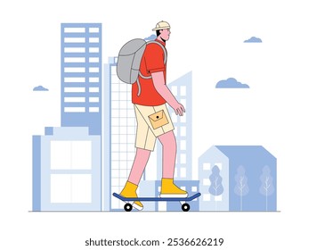 Jovem usando skate para ir para a faculdade, ilustração vetor da vida urbana moderna.