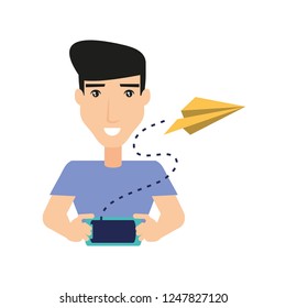 young man using smartphone and airplane paper