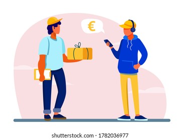 Young man using smartphone app for paying for delivery order. Courier giving parcel to customer flat vector illustration. Mobile payment, service concept for banner, website design or landing web page