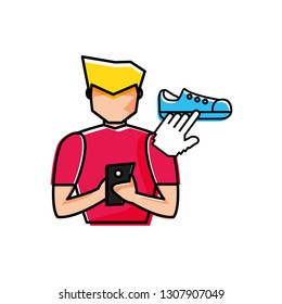 young man using smartphone buying shoes