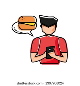 young man using smartphone buying burger