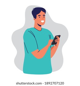 young man using smartphone chatting character vector illustration design