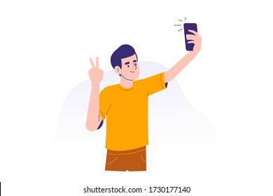 Young man using smartphone to communicate. Happy teen boy taking selfie with phone concept. Using portable device or gadget. Male cartoon character. Isolated modern vector illustration