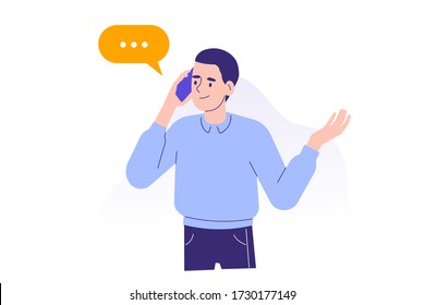 Joven usando un smartphone para comunicarse. Muchacho feliz hablando con el concepto del teléfono. Usando dispositivo portátil o gadget. Caricatura masculina. Ilustración vectorial moderna aislada