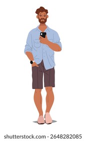Young man using smartphone, communication concept, social media, gadgets. Bearded man communicating via video call, modern character in shorts and shirt. Flat vector illustration isolated on white bac