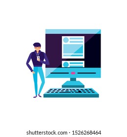 young man using smartphone with desktop vector illustration design