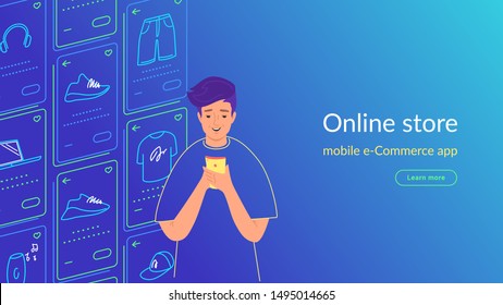 Young man using smartphone for ecommerce, shopping and enjoying online services, mobile apps and networks. Gradient line vector illustration of user experience, user experience and mobile apps usage