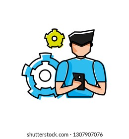 young man using smartphone with gears settings