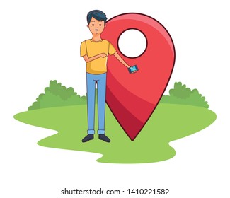 young man using smartphone with gps location point app cartoon  at park outdoors scenery vector illustration graphic design