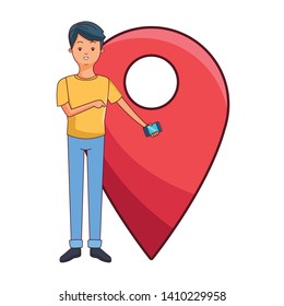 young man using smartphone with gps location point app cartoon vector illustration graphic design
