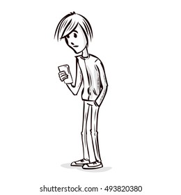 Young man using a smartphone. Hand drawn cartoon vector illustration.