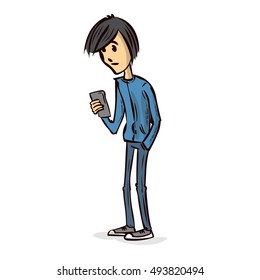 Young man using a smartphone. Hand drawn cartoon vector illustration.