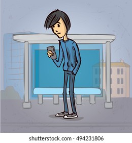 Young man using a smartphone. Hand drawn cartoon vector illustration.
