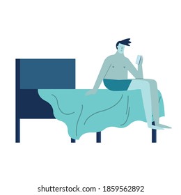 young man using smartphone with imnsomia in bed character vector illustration design