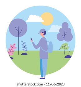 young man using smartphone in the nature landscape