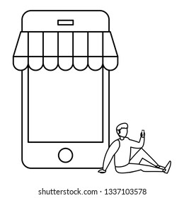 young man using smartphone with parasol