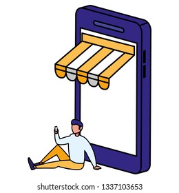 young man using smartphone with parasol