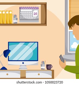 Young man using smartphone at room