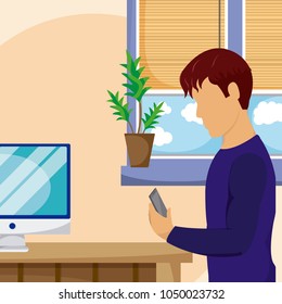 Young man using smartphone at room