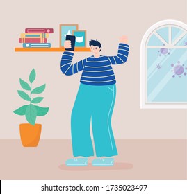 young man using smartphone in room with books plant and window vector illustration