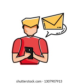 young man using smartphone sending email