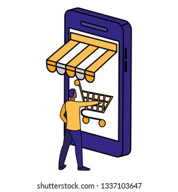 young man using smartphone with shopping cart