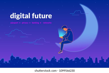 Young Man Using Smartphone Sitting On Half Moon In Dark Urban Midnight Panoramic View. Addicted To Smartphone Guy Enjoys His Gadget. Gradient Line Vector Illustration Of Mobile Services And Apps Usage