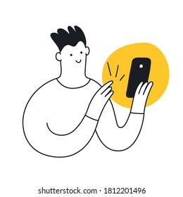 Young man using a smartphone and smiling. Looking at the smartphone, chatting, surfing web, messaging in social media. Flat line cartoon vector on white.