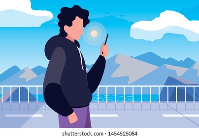 young man using smartphone social media