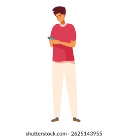 Hombre joven que usa el smartphone, de pie, mirando la pantalla, navegando por Internet, leyendo noticias, charlando en línea