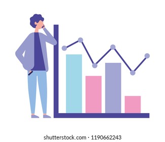 young man using smartphone with statistics chart report
