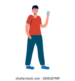 young man using smartphone technology character vector illustration design